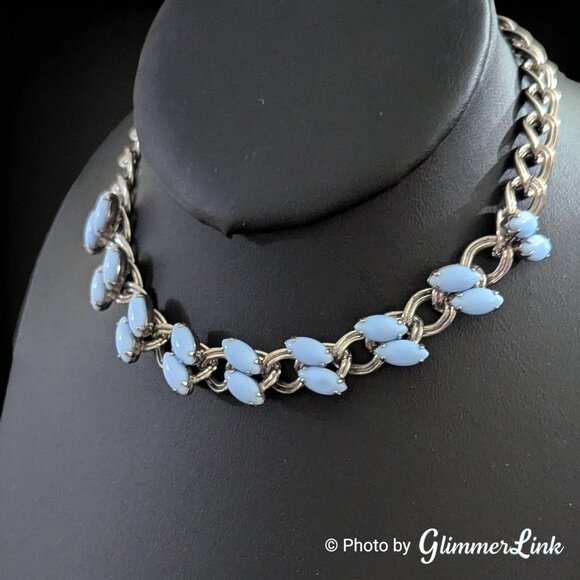 Vintage Blue Marquise Glass Cabochon Silver Tone Small Fit Choker Necklace - Picture 4 of 10